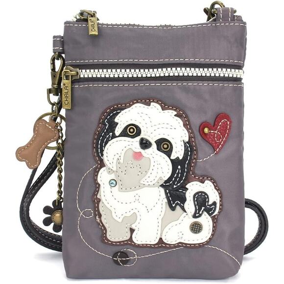 Chala Handbags - Chala Venture RFID Nylon Faux Leather Crossbody Purse - White Shih Tzu, Gray NWT